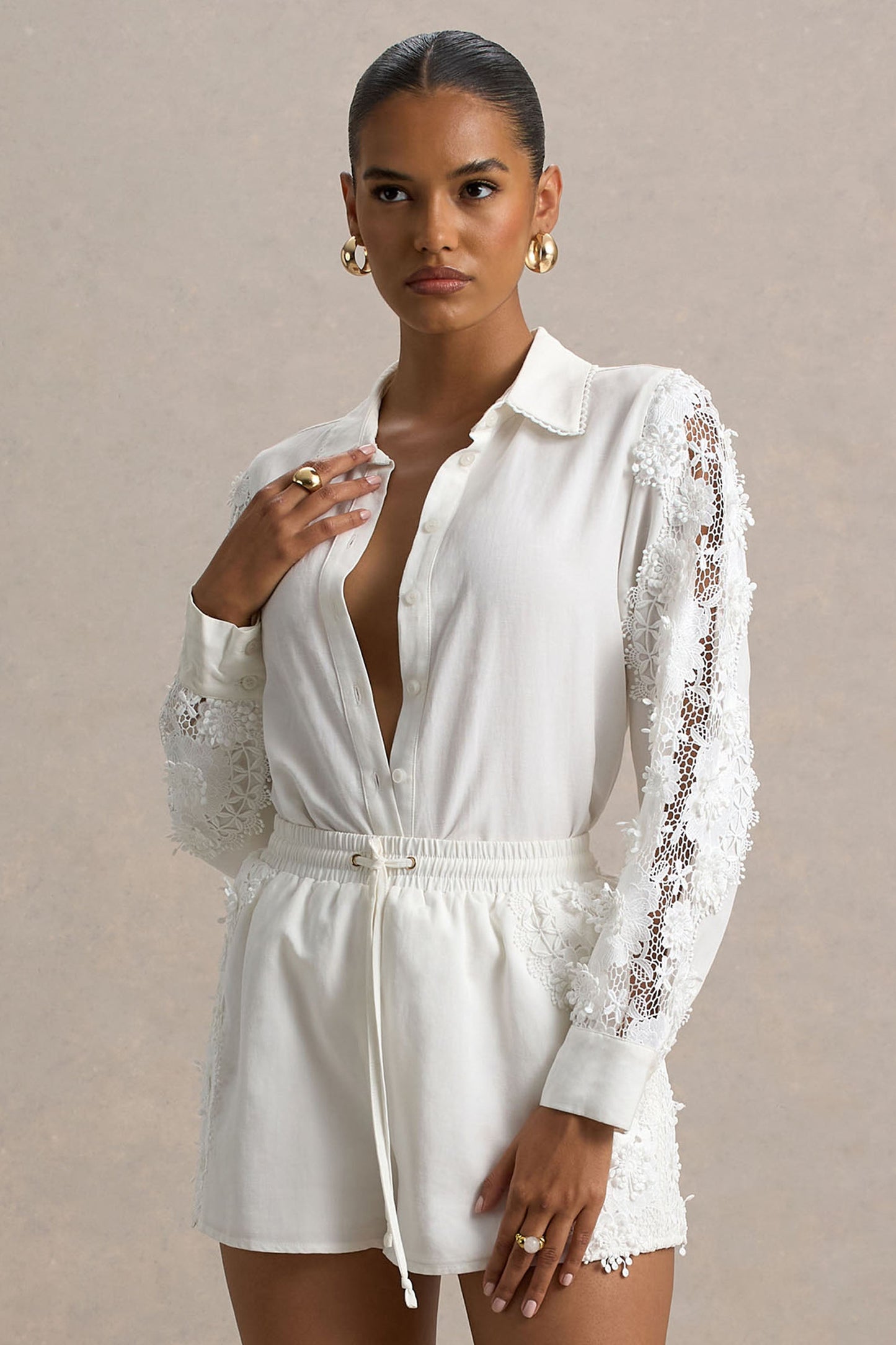 Coconut | Ecru Linen Button-Up Shirt With Lace Detail