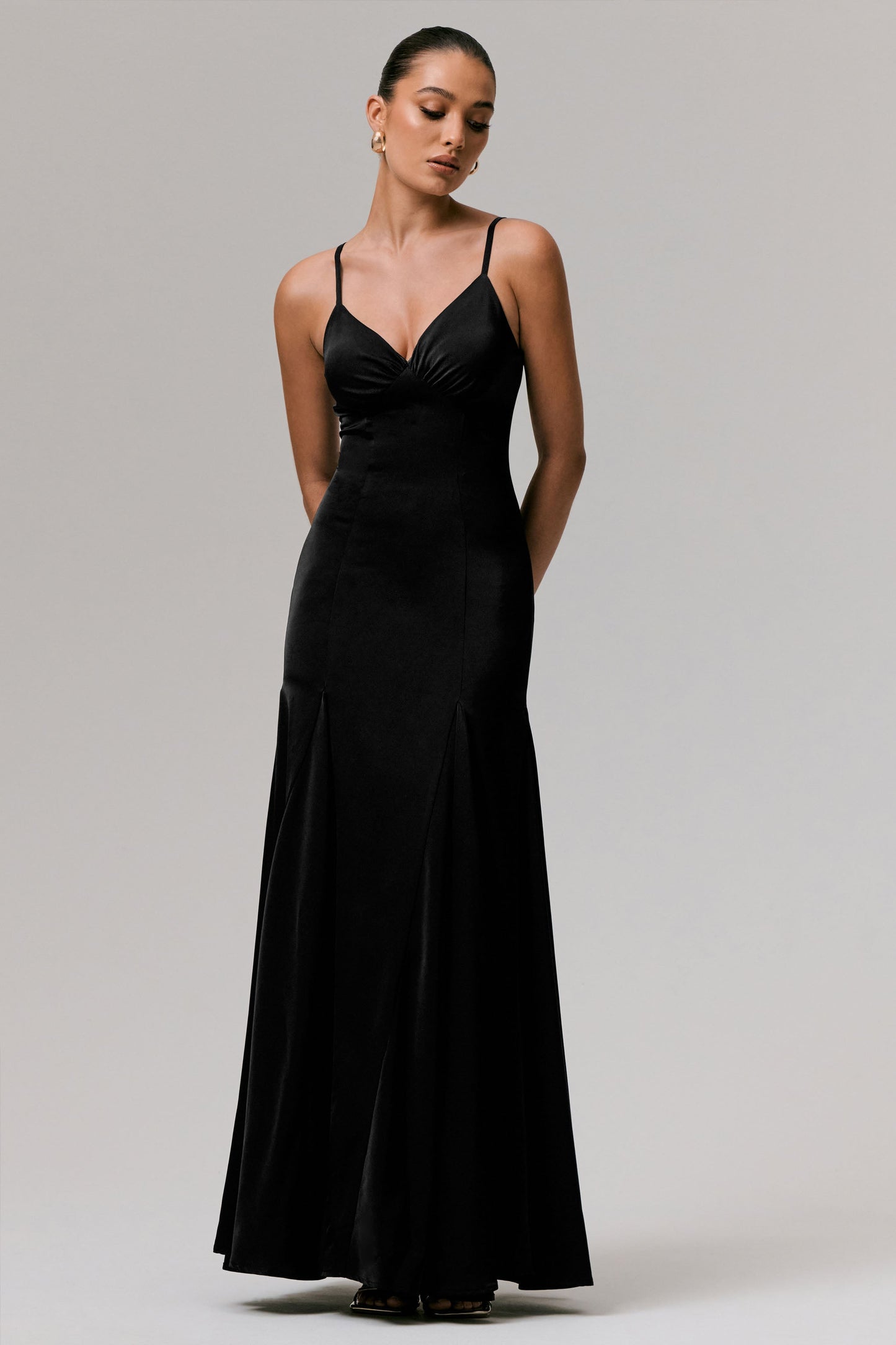 Ashly | Black Satin Maxi Dress With Volume Hem