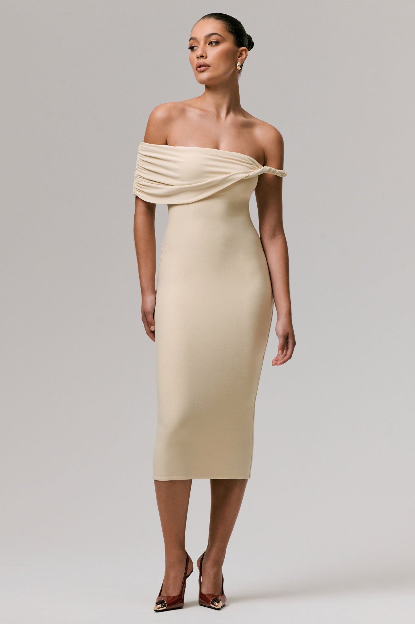 Skye | Sand Twisted Bardot Midi Dress