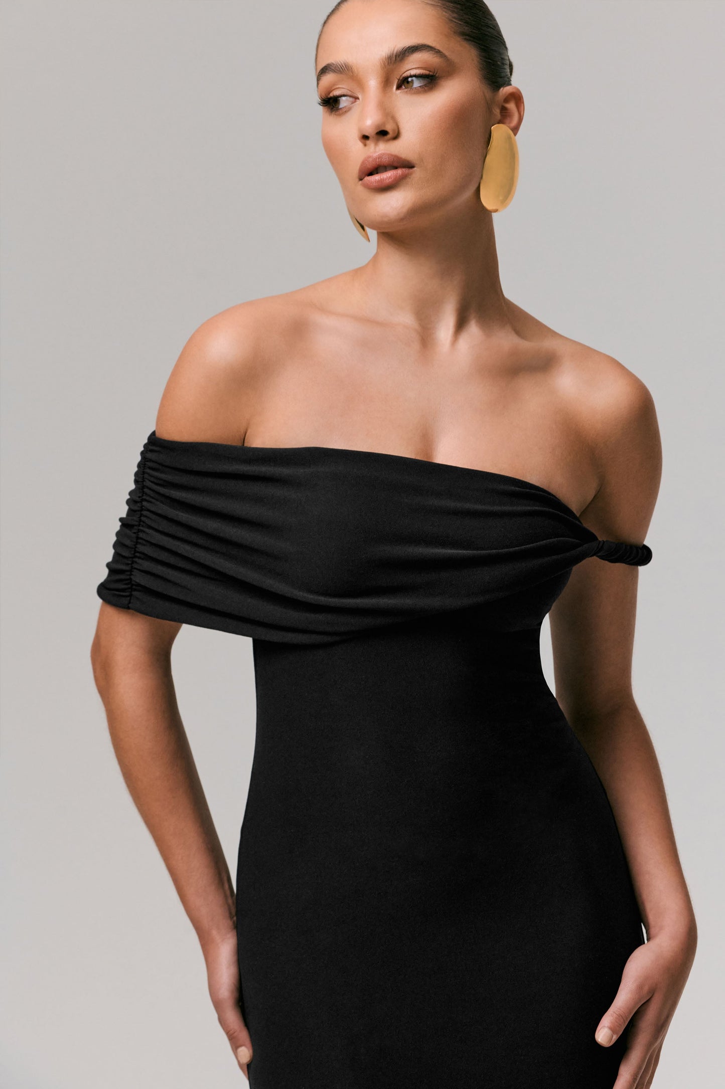 Skye | Black Twisted Bardot Midi Dress