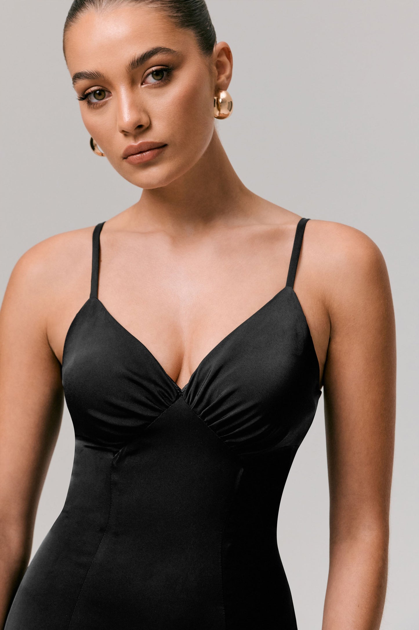 Ashly | Black Satin Maxi Dress With Volume Hem