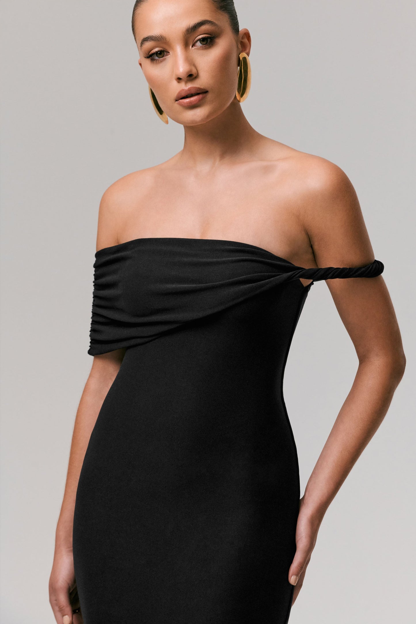 Skye | Black Twisted Bardot Midi Dress