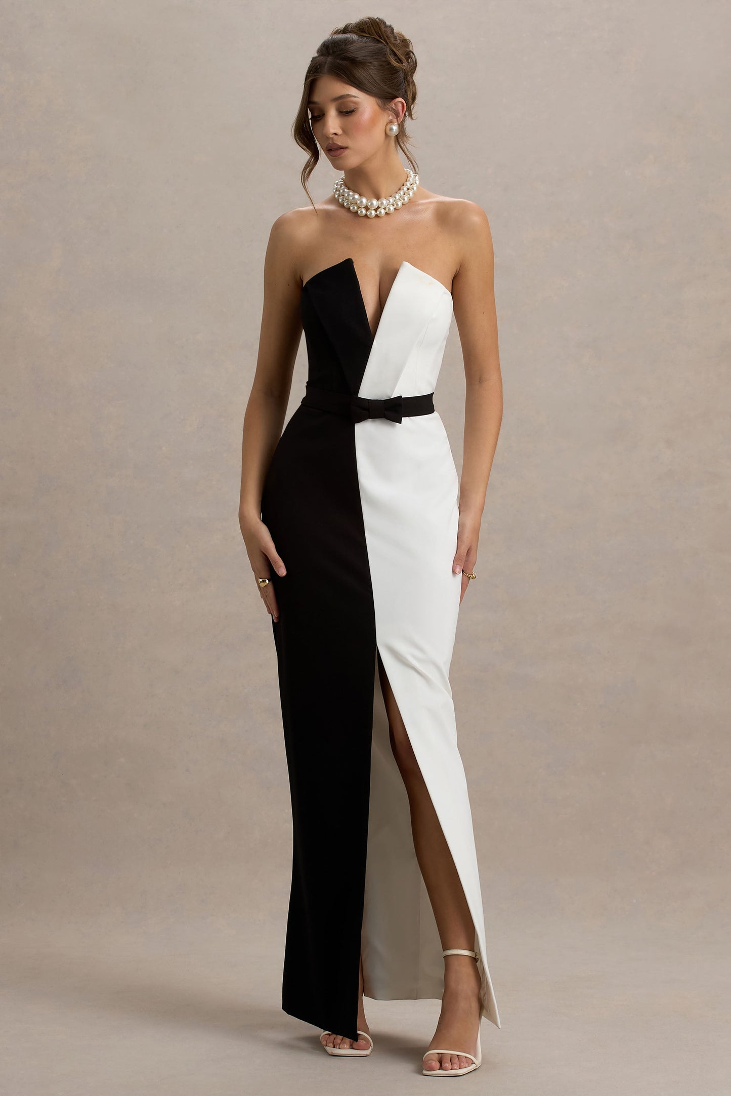 Beatrice | Black & White Plunge Bandeau Maxi Dress With High-Leg Split
