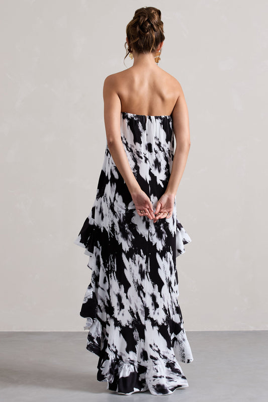 Whistler | Monochrome Floral Chiffon Bandeau High-Low Ruffled Maxi Dress