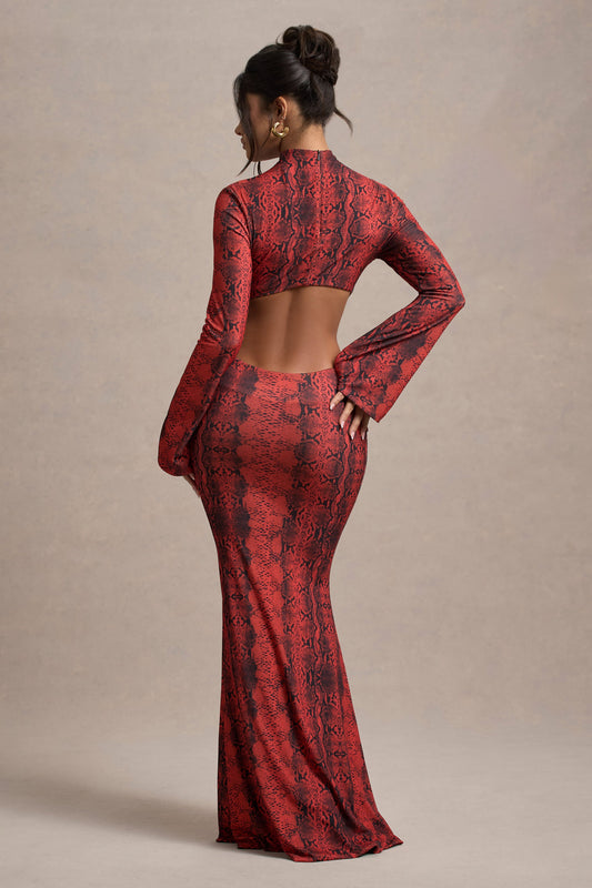 Arabia | Red Snake Print High-Neck Cut-Out Maxi Dress