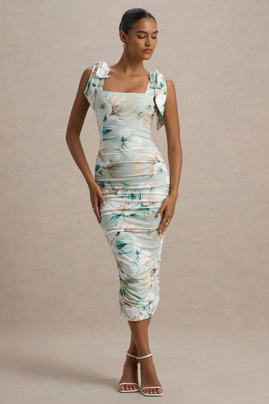 Cordelia | Green Floral Print Bodycon Midi Dress With Bow Straps