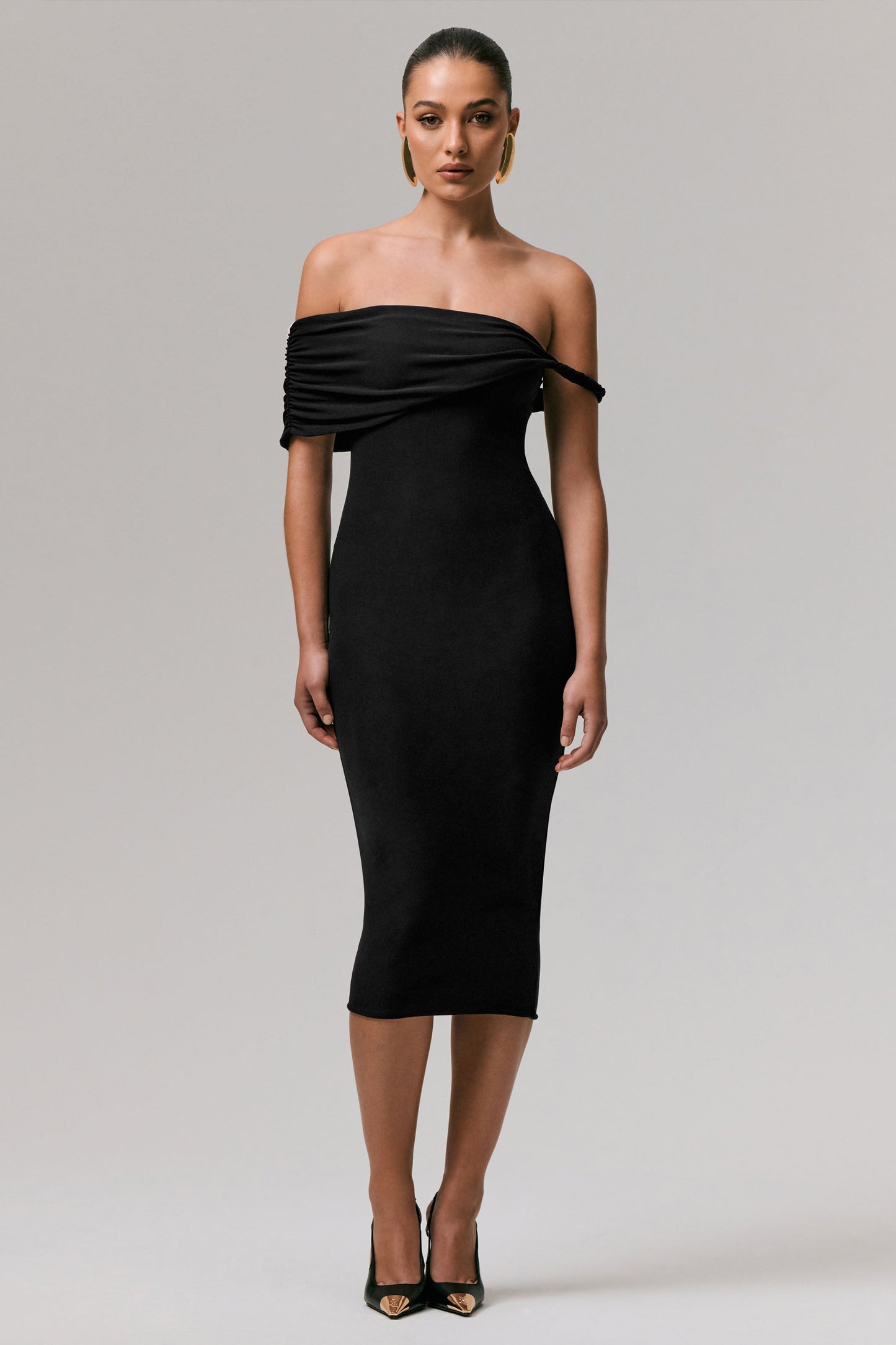 Skye | Black Twisted Bardot Midi Dress