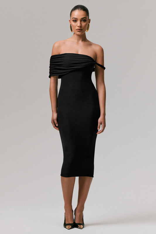Skye | Black Twisted Bardot Midi Dress