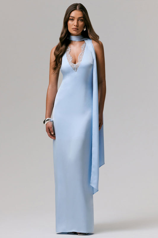 True Icon | Powder Blue Satin V-Neck Maxi Slip Dress With Sash