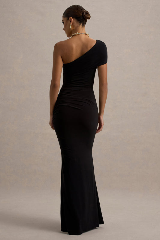 Alethea | Black Asymmetric Bardot Maxi Dress