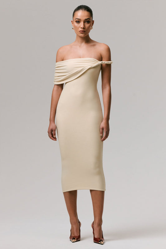 Skye | Sand Twisted Bardot Midi Dress