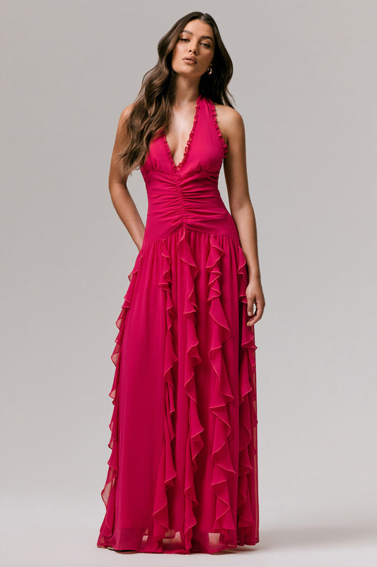 Bea | Hot Pink Plunge-Neck Ruffled Maxi Dress