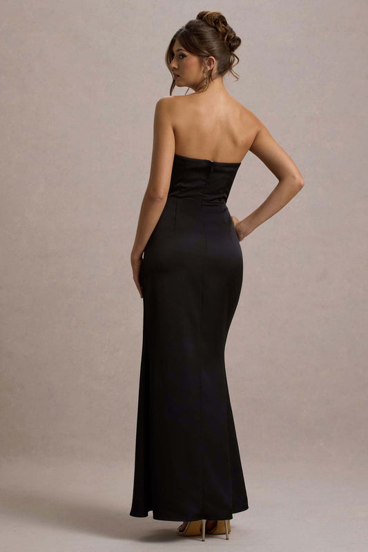Cairo | Black Satin Strapless Draped Maxi Dress