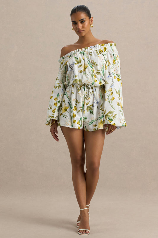 Waterfall | White Botanical Print Linen Asymmetric Long-Sleeve Playsuit