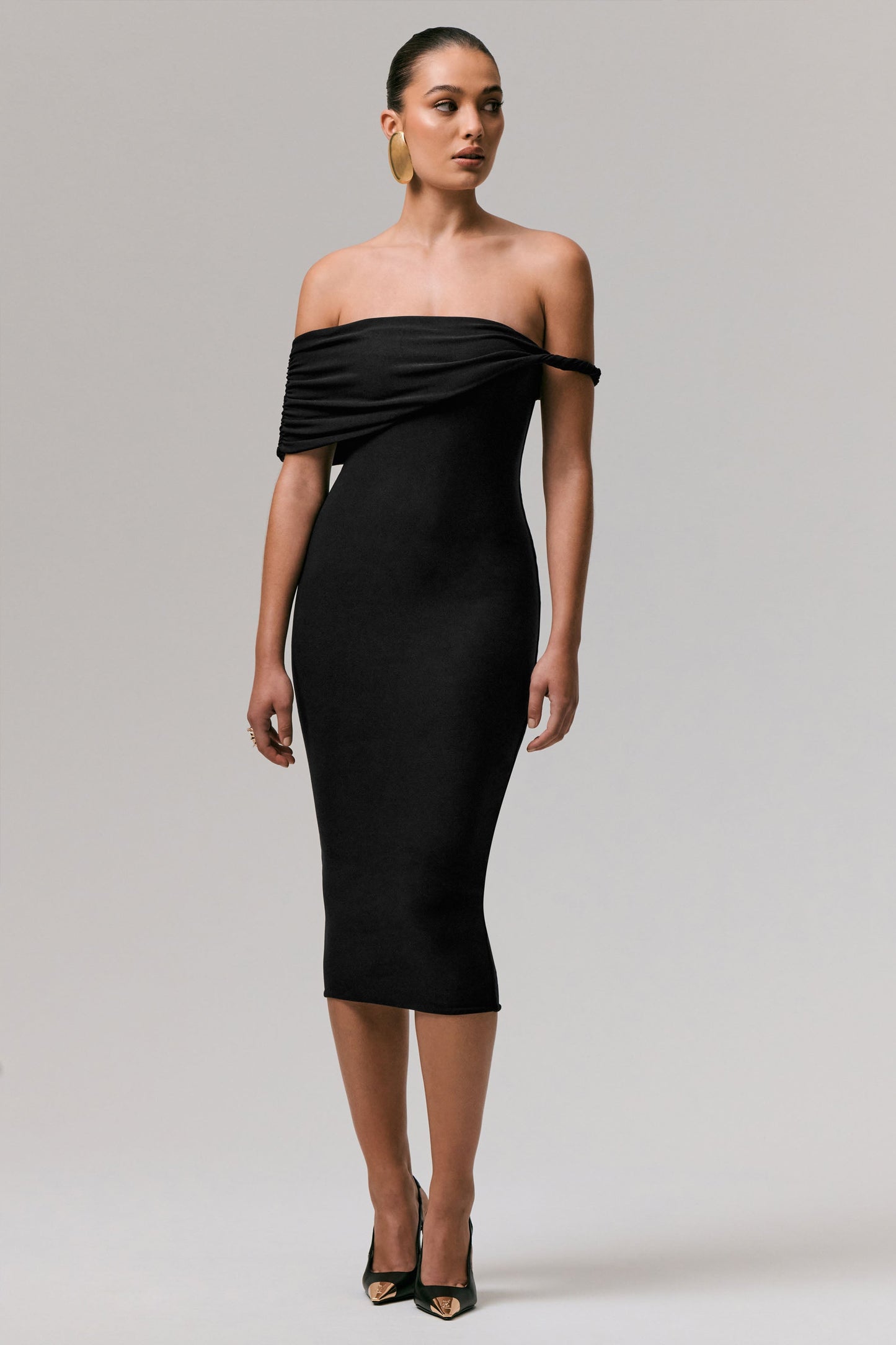 Skye | Black Twisted Bardot Midi Dress