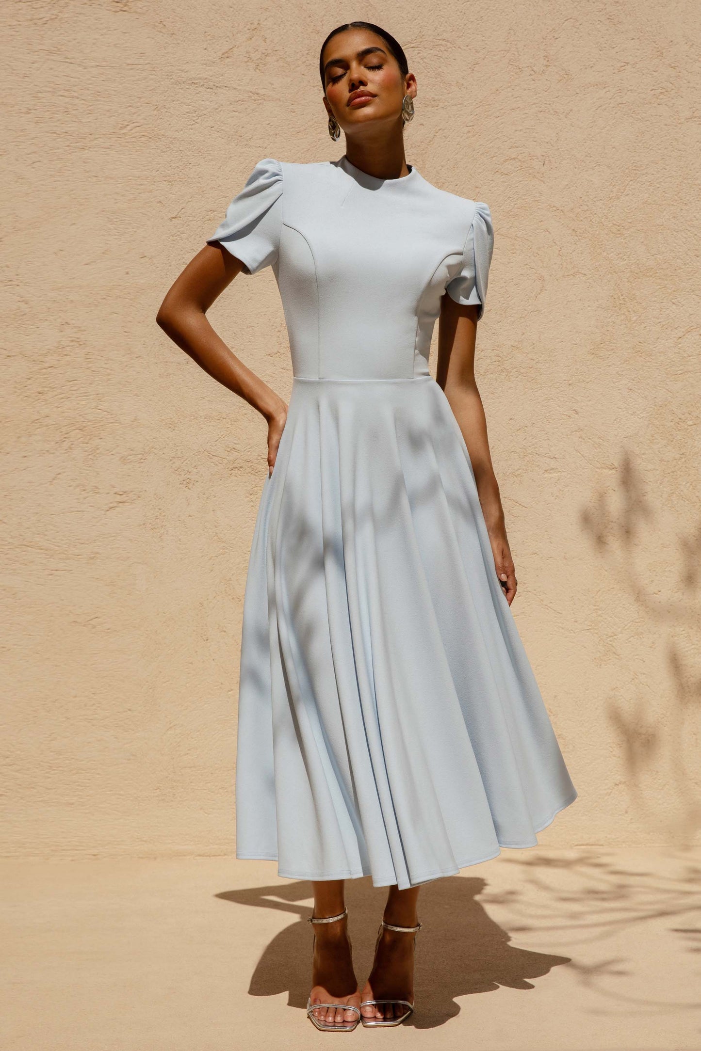Vicky | Powder Blue High Neck Midi Dress With Puff Sleeves