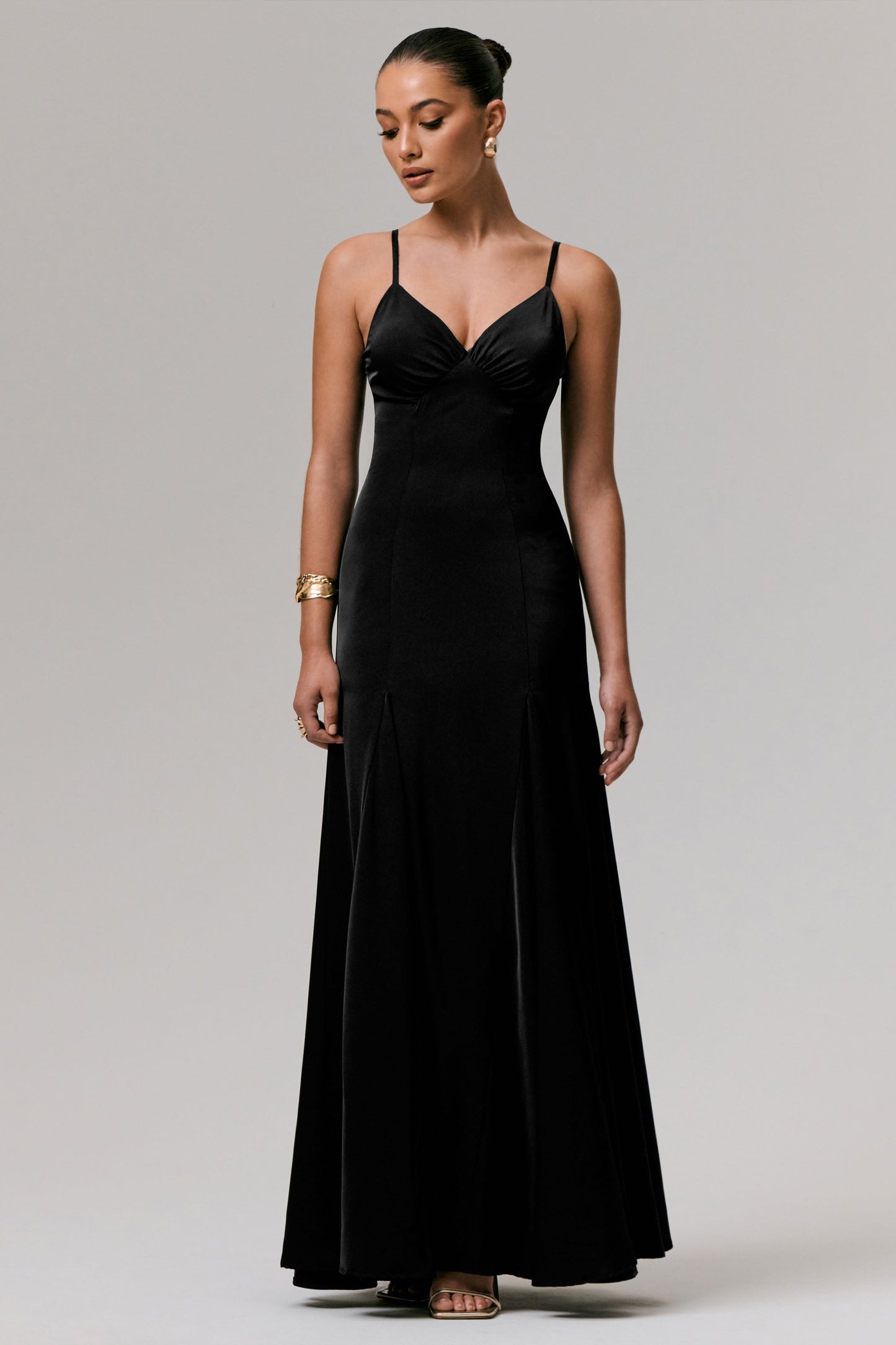 Ashly | Black Satin Maxi Dress With Volume Hem
