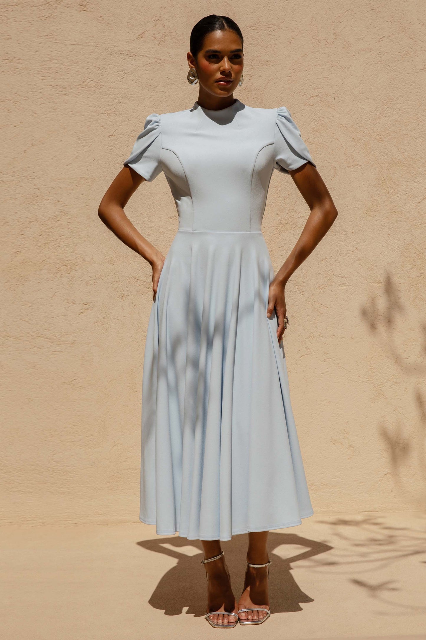 Vicky | Powder Blue High Neck Midi Dress With Puff Sleeves
