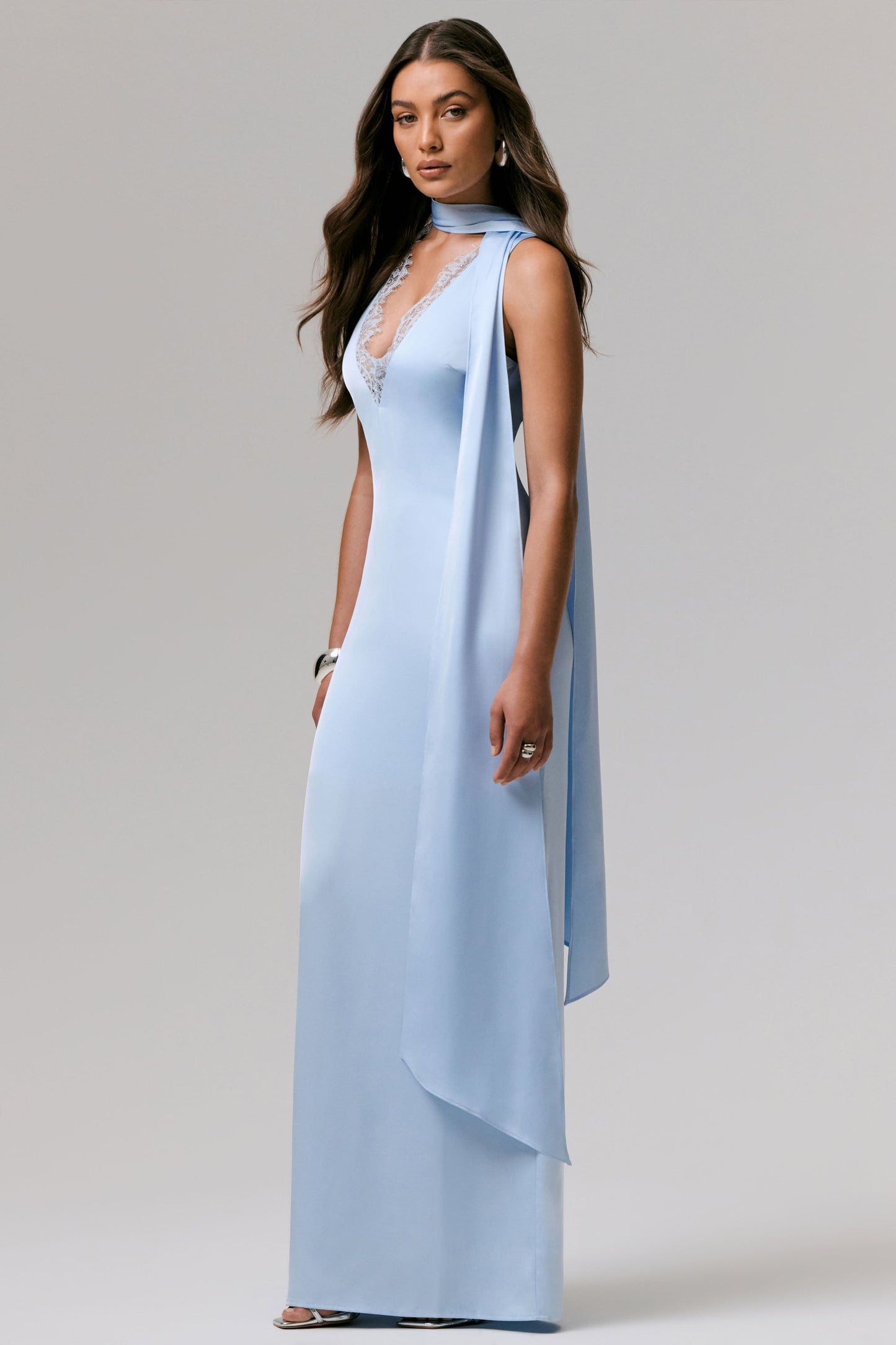True Icon | Powder Blue Satin V-Neck Maxi Slip Dress With Sash