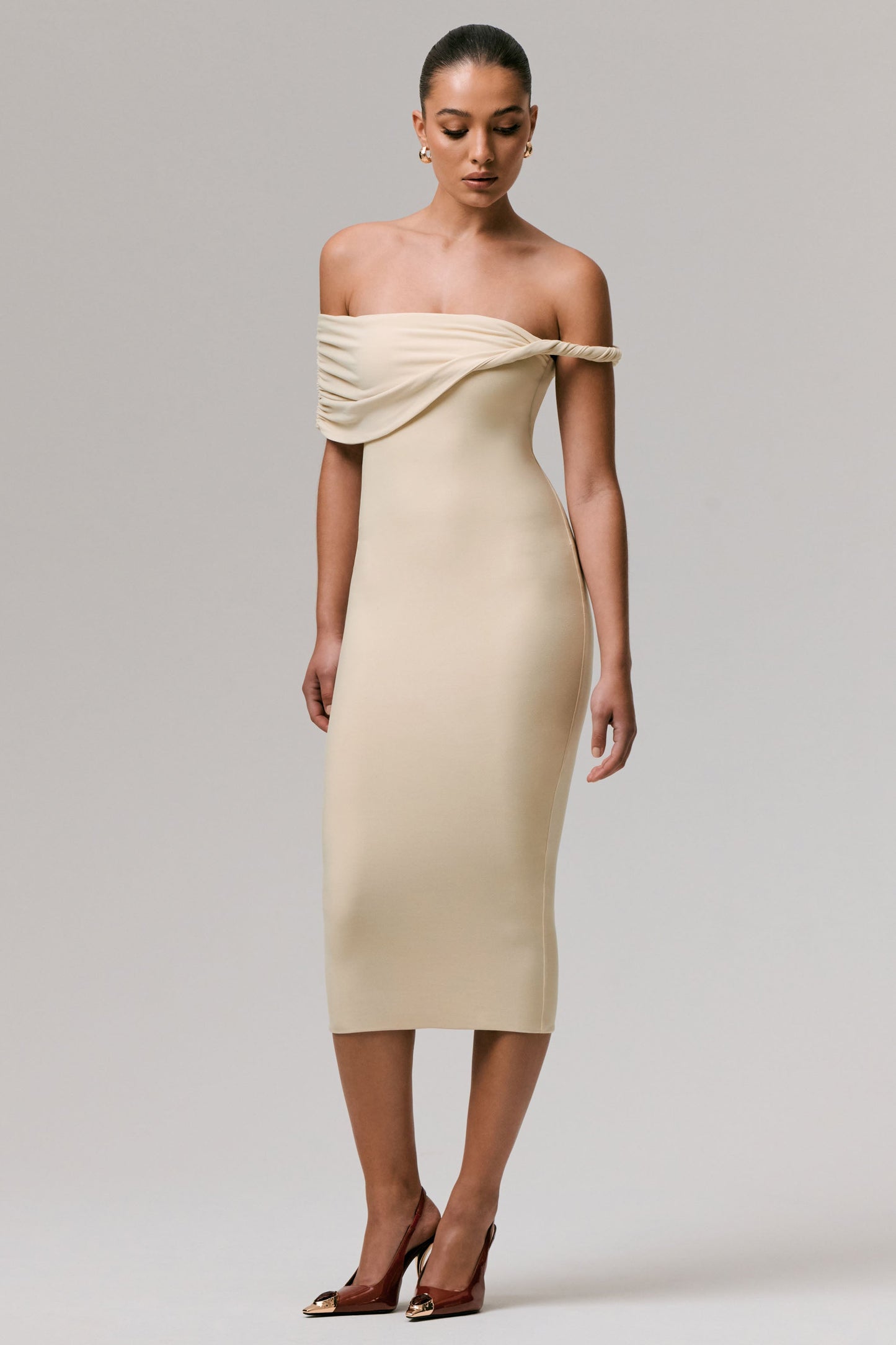 Skye | Sand Twisted Bardot Midi Dress