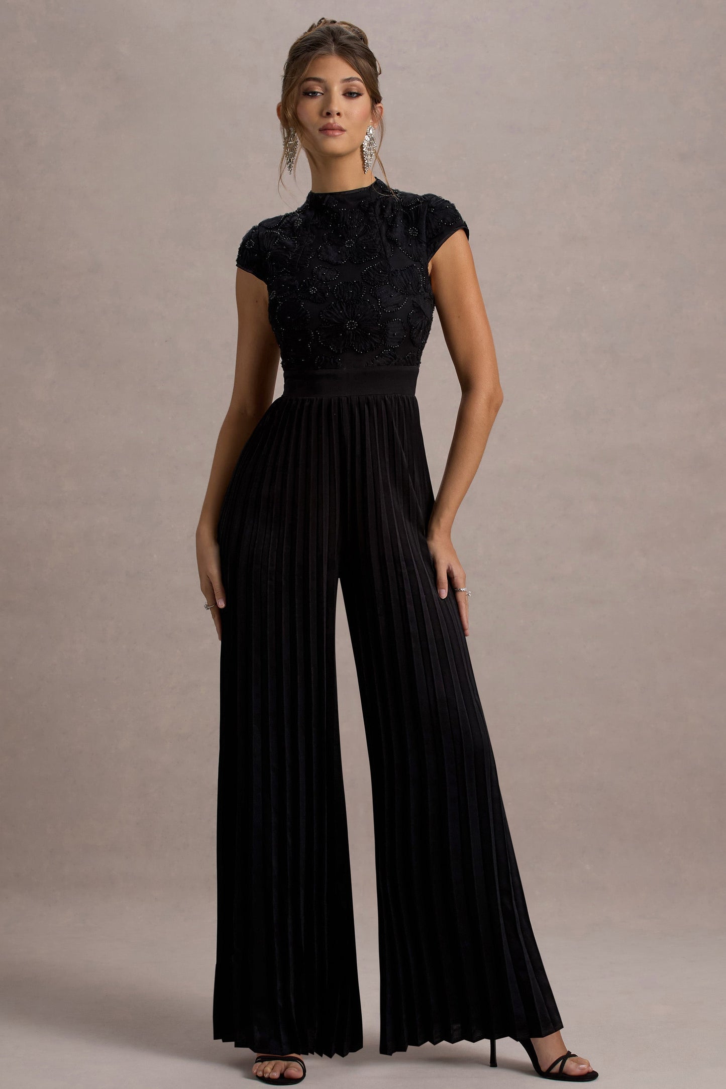 Tanner | Black Cap-Sleeve Plisse Wide-Leg Jumpsuit