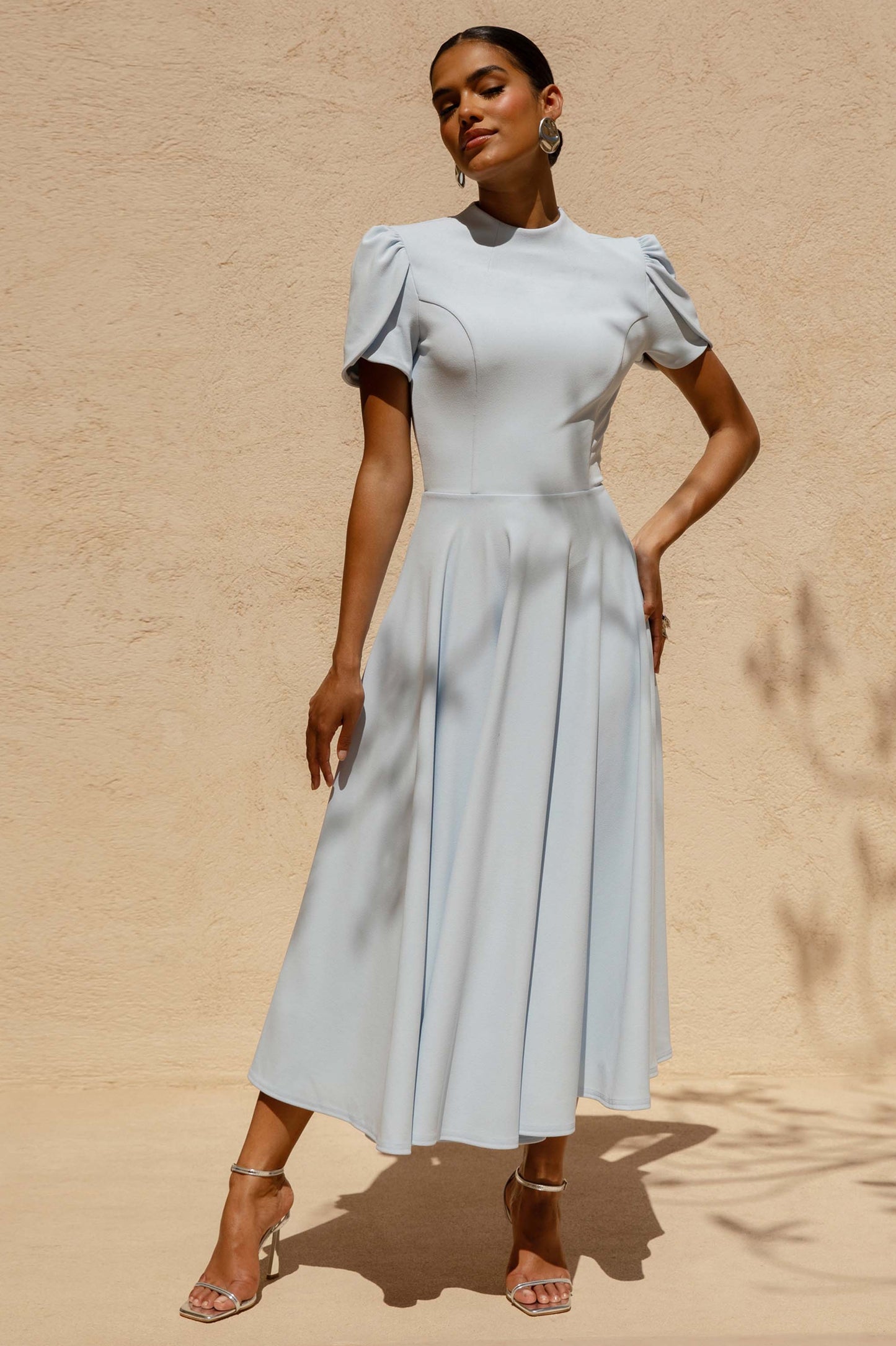 Vicky | Powder Blue High Neck Midi Dress With Puff Sleeves