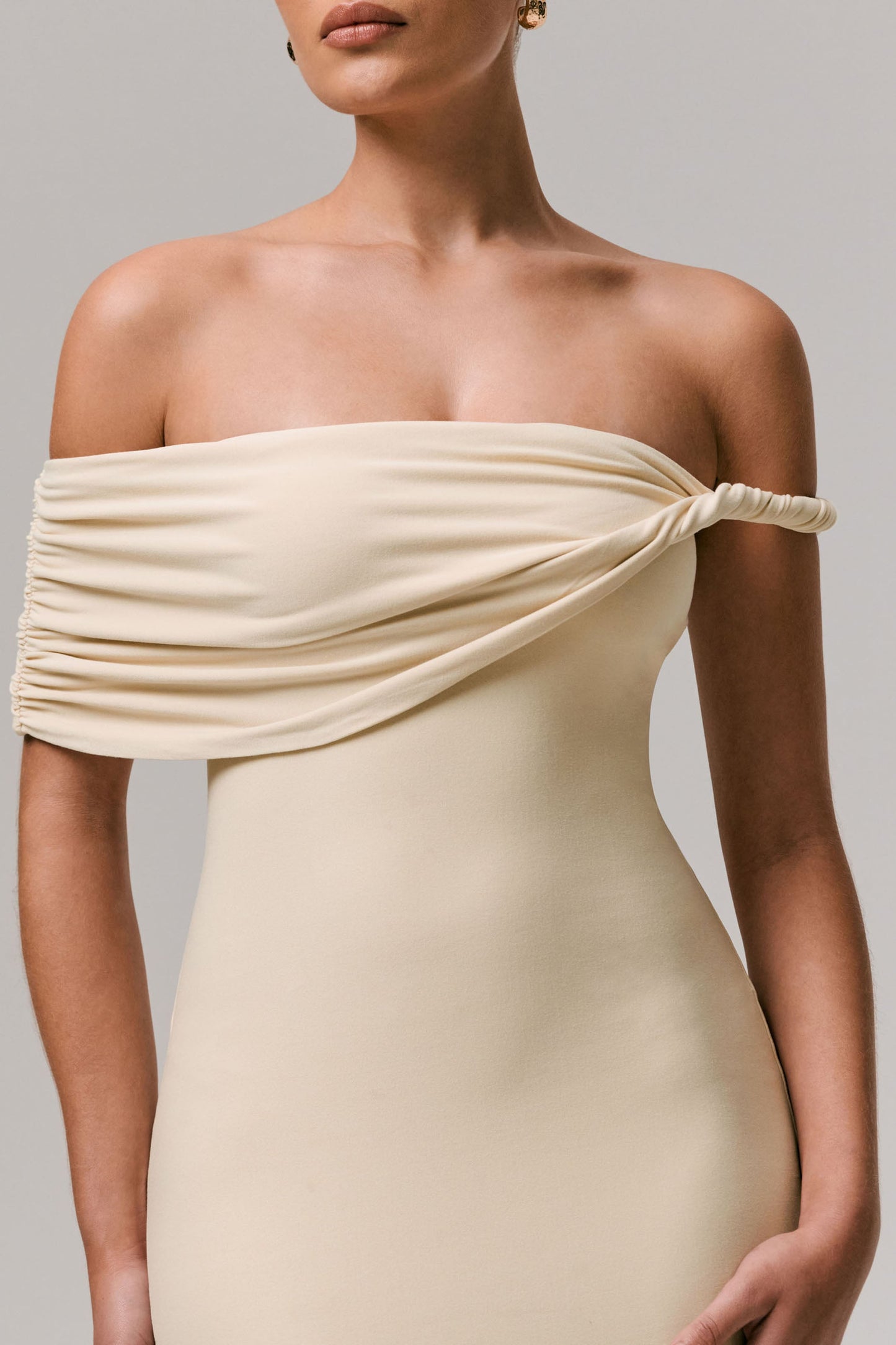 Skye | Sand Twisted Bardot Midi Dress