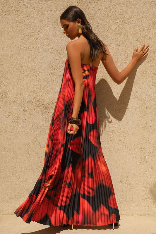 Bergamot | Black And Red Floral Print Satin Sweetheart Maxi Dress