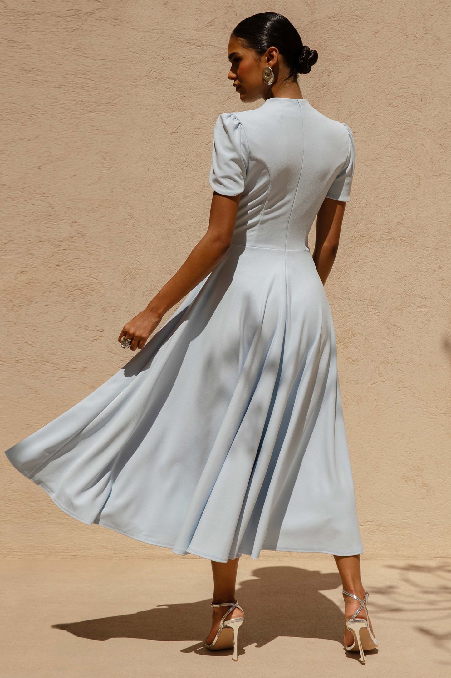 Vicky | Powder Blue High Neck Midi Dress With Puff Sleeves