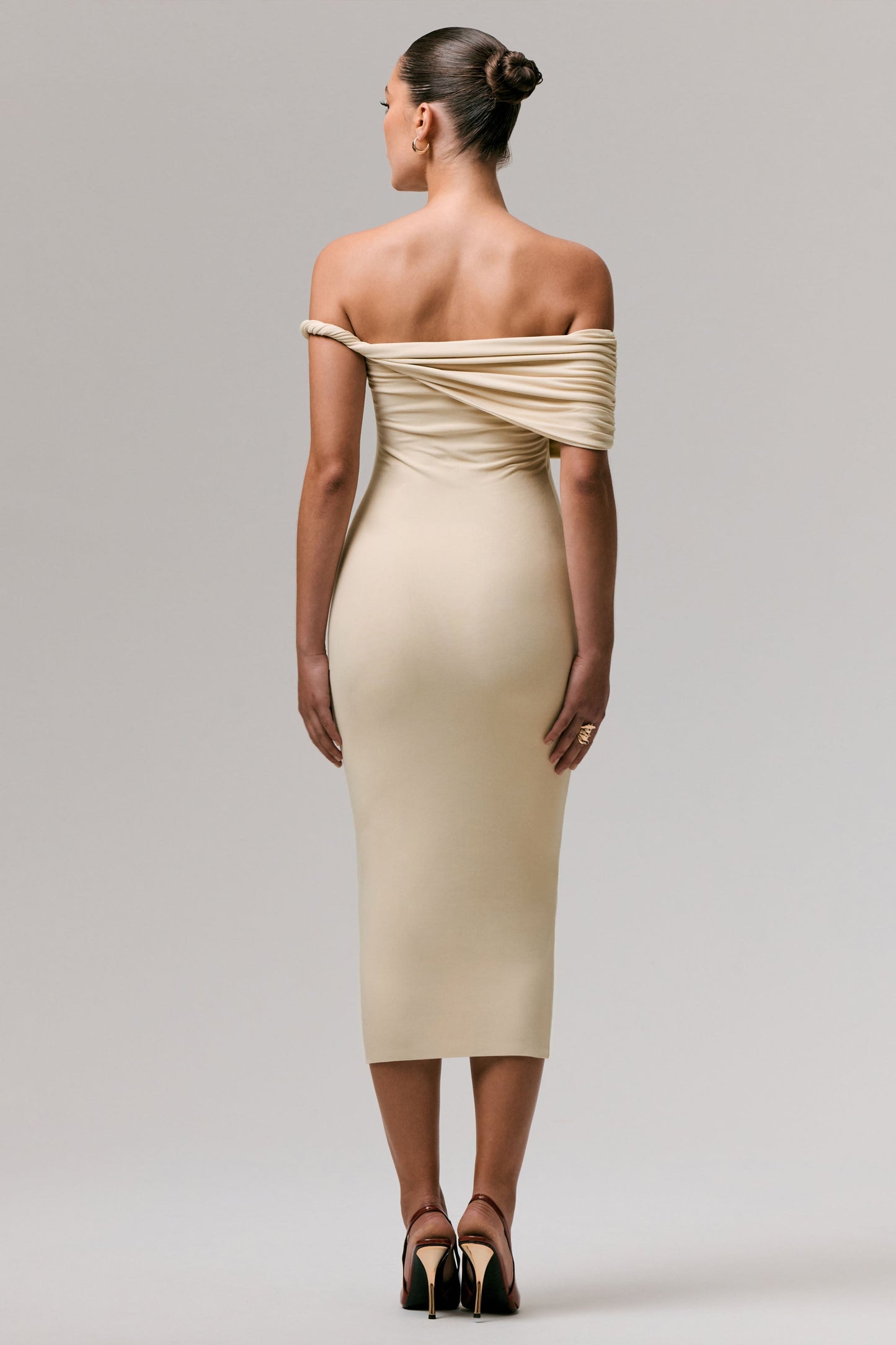Skye | Sand Twisted Bardot Midi Dress