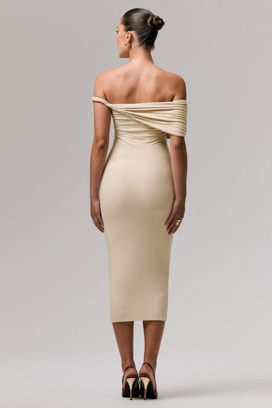 Skye | Sand Twisted Bardot Midi Dress